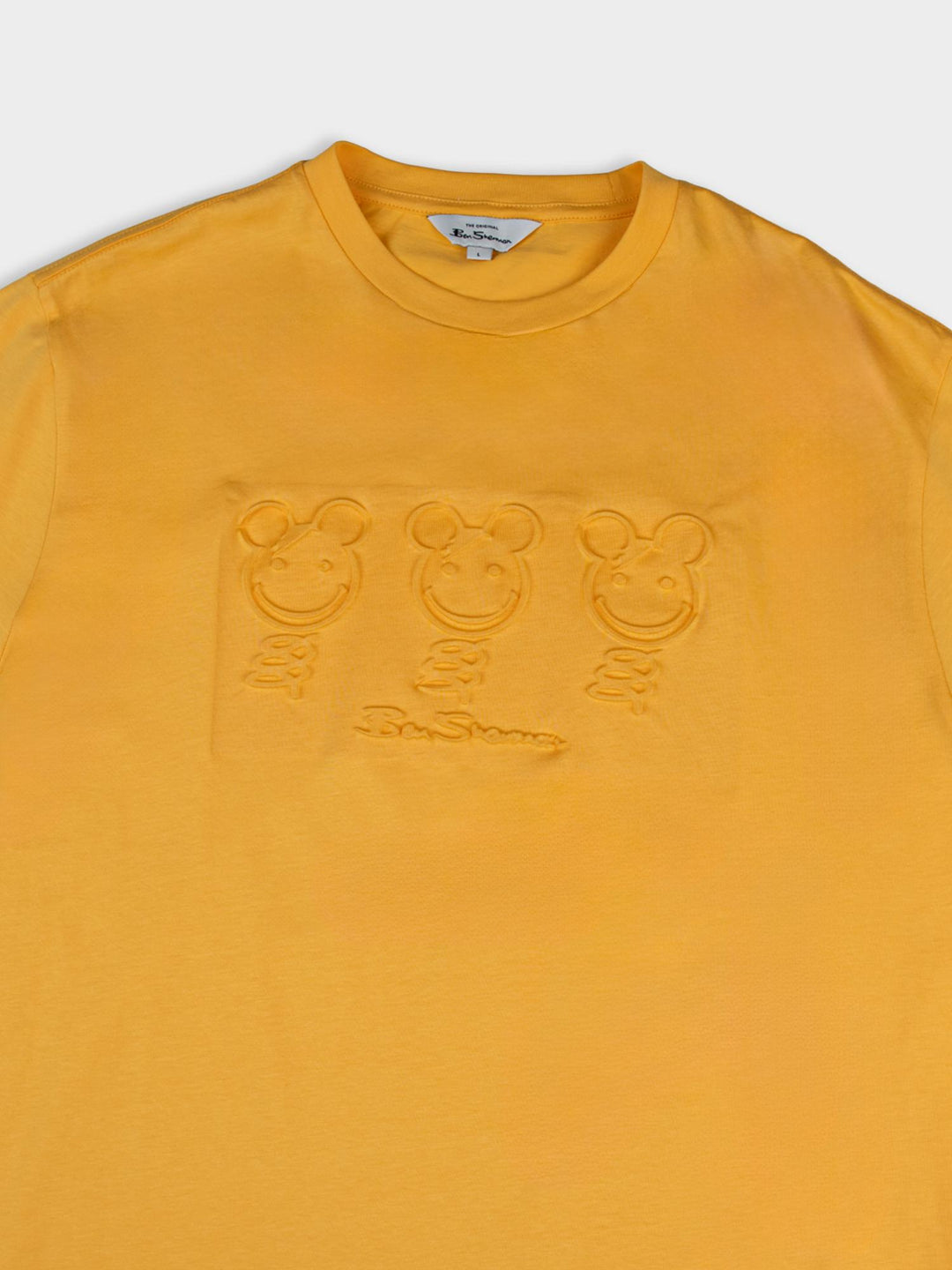 Flat lay detail view of Ben Sherman Trio Embossed Bears T-shirt in Banana yellow highlighting the textured bear graphic design