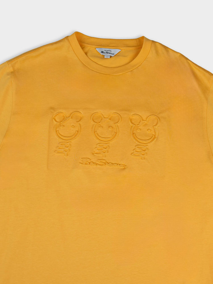 Flat lay detail view of Ben Sherman Trio Embossed Bears T-shirt in Banana yellow highlighting the textured bear graphic design