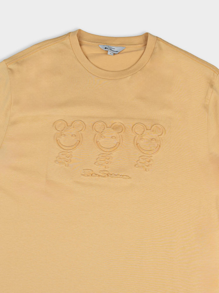 Flat lay detail view of Ben Sherman Trio Embossed Bears T-shirt in New Wheat highlighting the textured bear graphic design