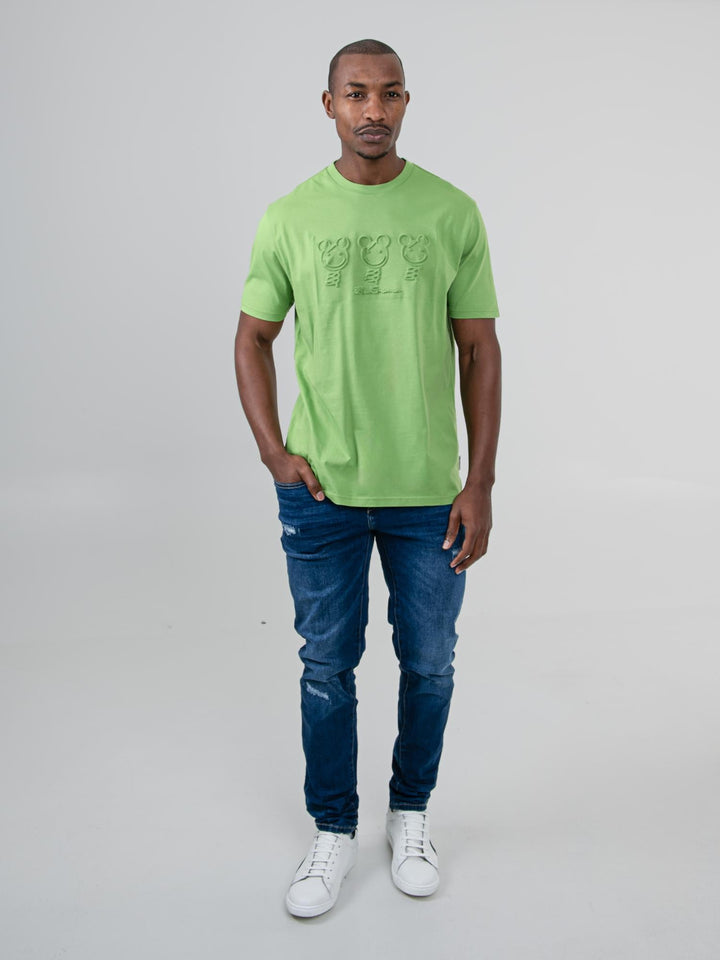 Ben Sherman Trio Embossed Bears T-shirt in Piquant Green, full body front view on male model