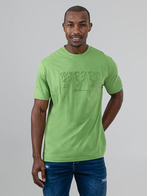 Ben Sherman Trio Embossed Bears graphic T-shirt in Piquant Green, worn by a male model on a light grey background