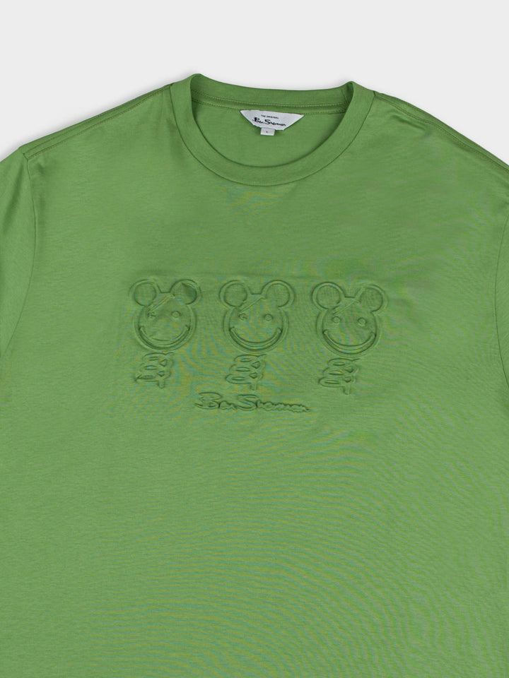 Flat lay detail view of Ben Sherman Trio Embossed Bears T-shirt in Piquant Green highlighting the textured bear graphic design