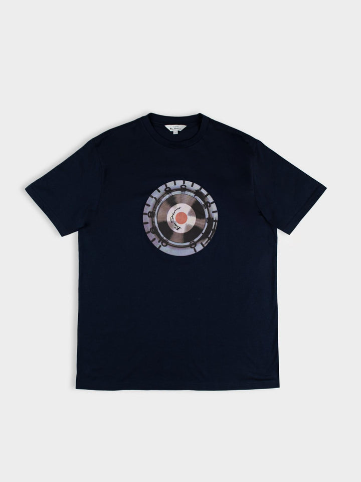 Ben Sherman Turn It Up Tee in Navy – flat lay of navy cotton t-shirt with retro vinyl record graphic print