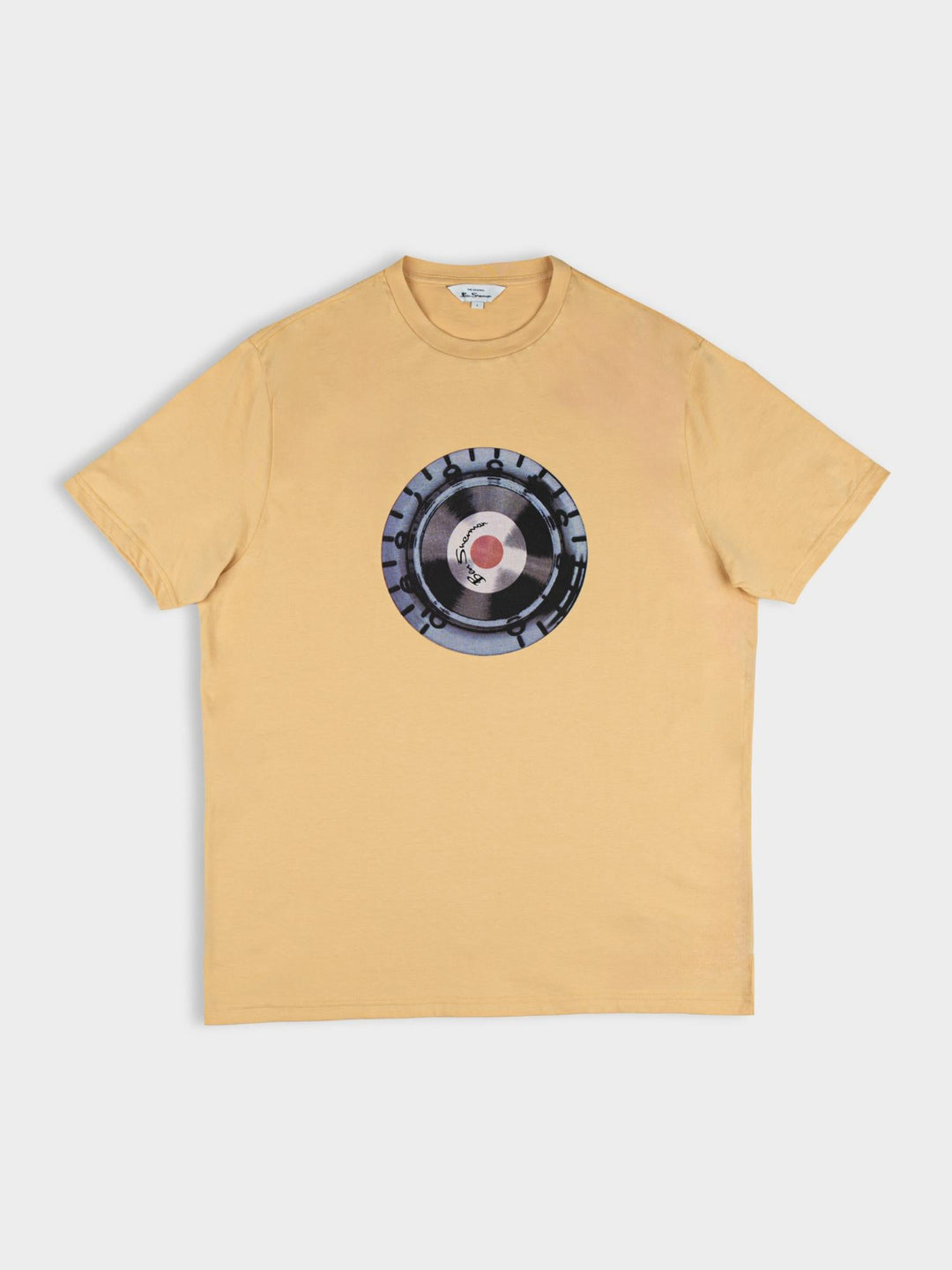 Ben Sherman Turn It Up Tee in New Wheat – flat lay of yellow cotton t-shirt with retro vinyl record graphic print