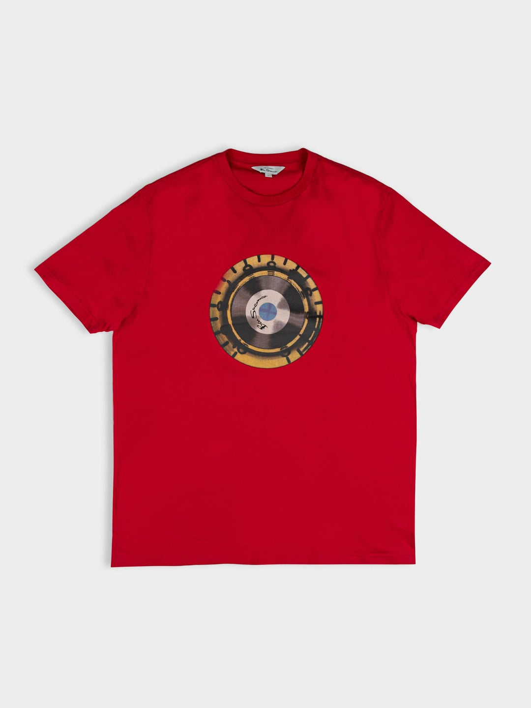 Ben Sherman Turn It Up Tee in Red – flat lay of red cotton t-shirt with retro vinyl record graphic print