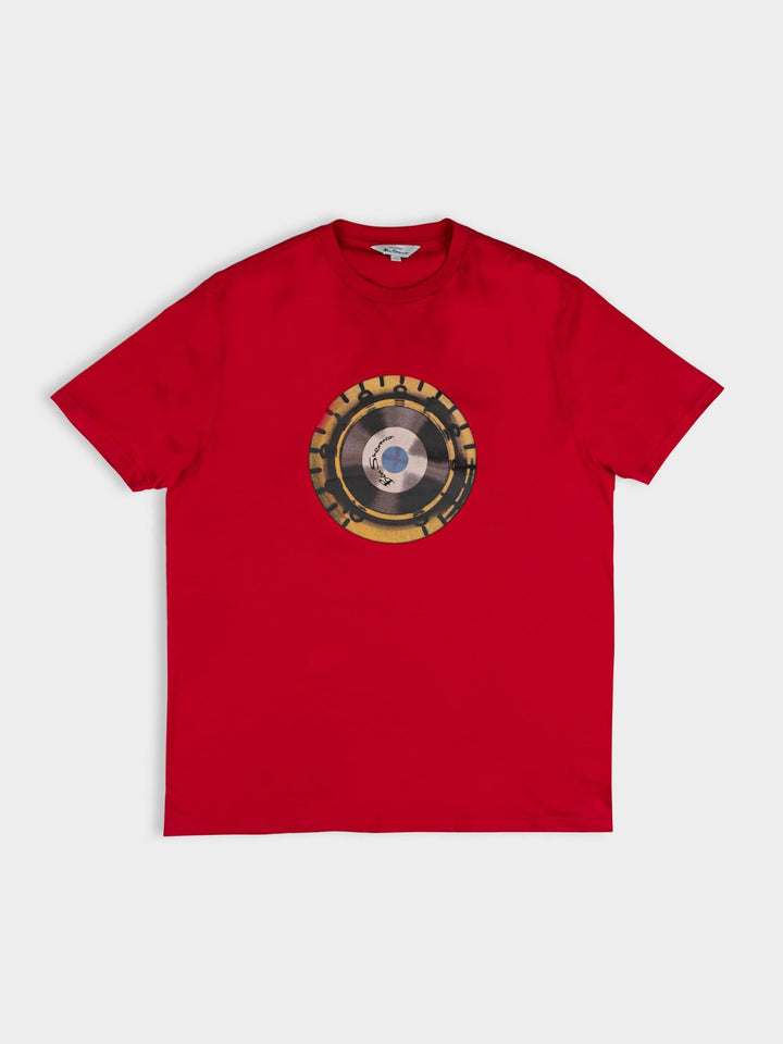 Ben Sherman Turn It Up Tee in Red – flat lay of red cotton t-shirt with retro vinyl record graphic print