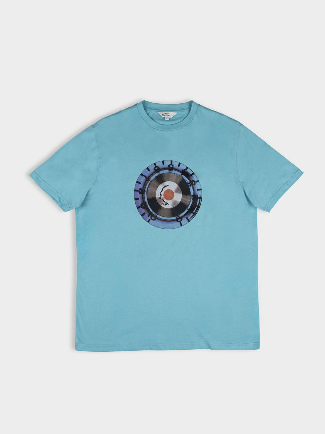 Ben Sherman Turn It Up Tee in Retro Blue – flat lay showing retro vinyl record graphic print on light blue cotton t-shirt