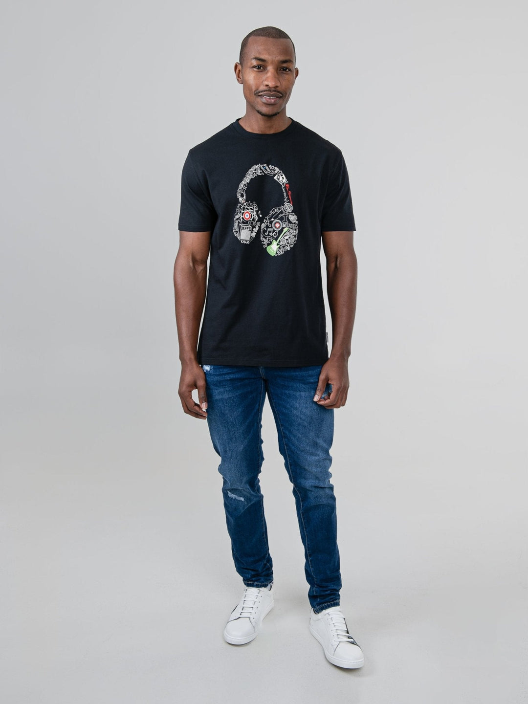 Ben Sherman Typography Headphones T-Shirt in Black - full-length front view on male model