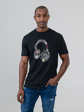 Ben Sherman Typography Headphones T-Shirt in Black - front view on male model
