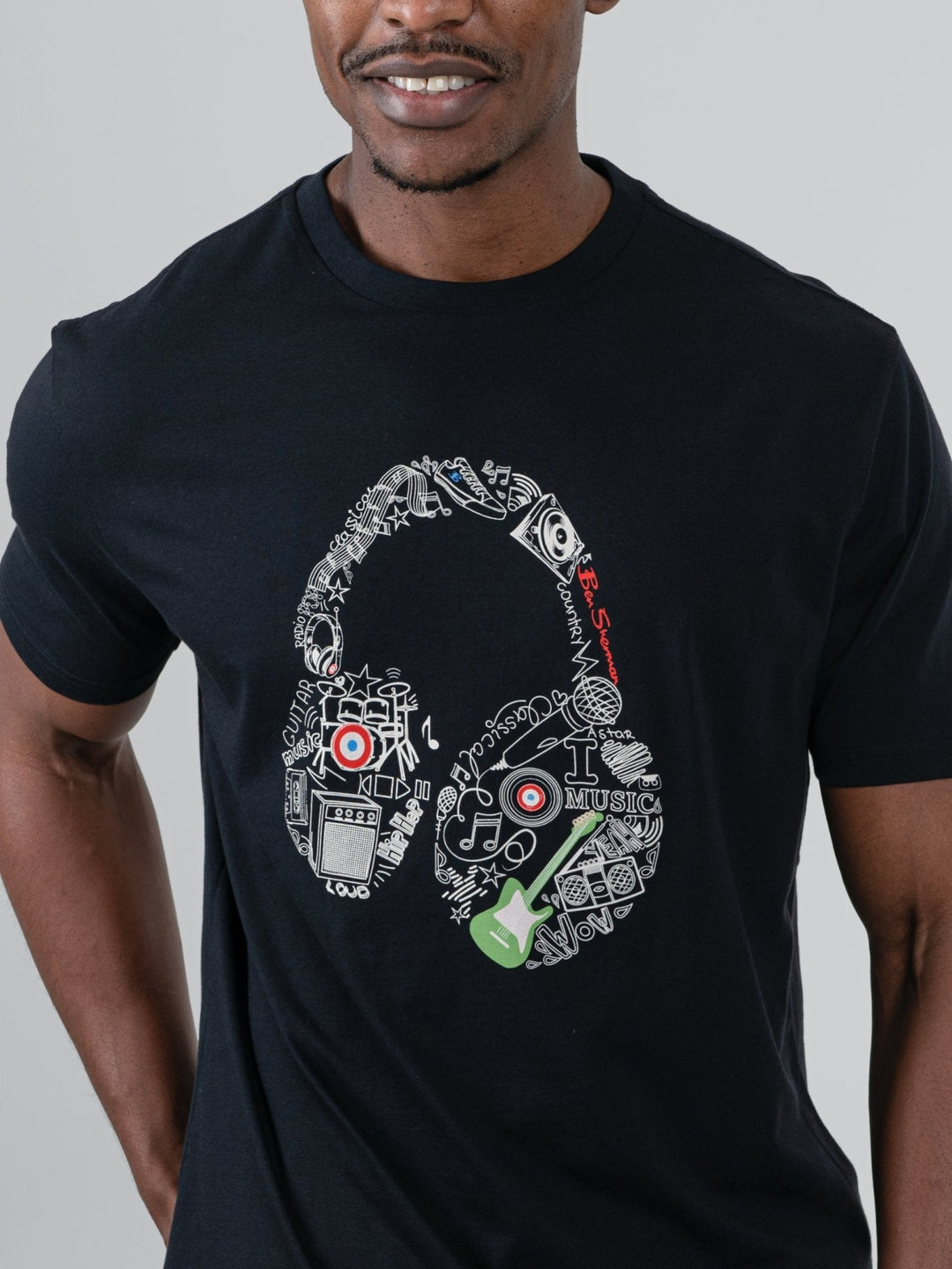 Ben Sherman Typography Headphones T-Shirt in Black - close-up of music-inspired headphone graphic print