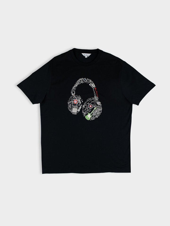 Ben Sherman Typography Headphones T-Shirt in Black - flat lay showing headphone graphic print design