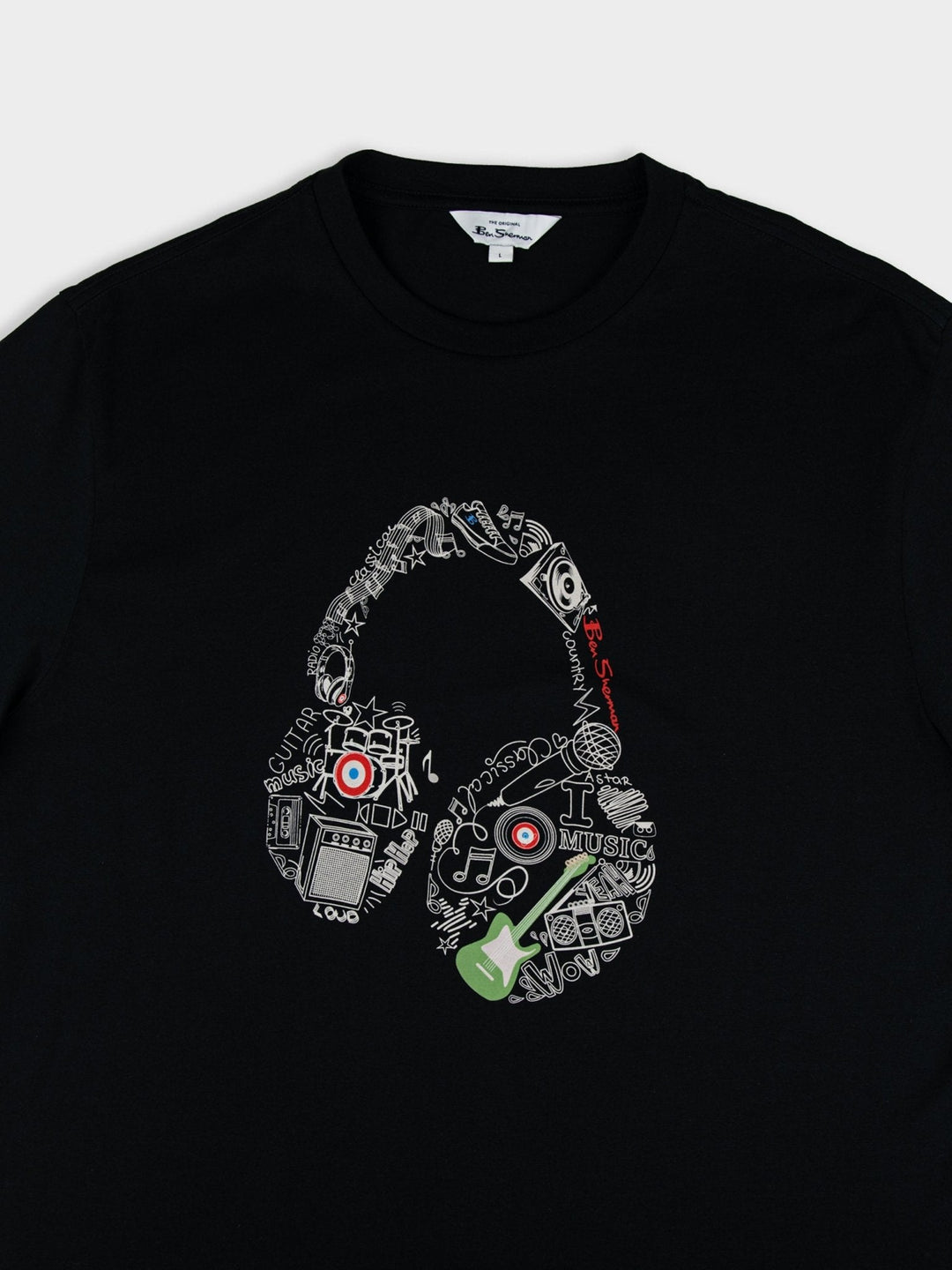 Ben Sherman Typography Headphones T-Shirt in Black - close-up flat lay of bold typography headphone graphic