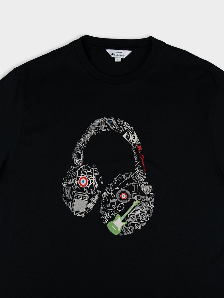 Ben Sherman Typography Headphones T-Shirt in Black - close-up flat lay of bold typography headphone graphic