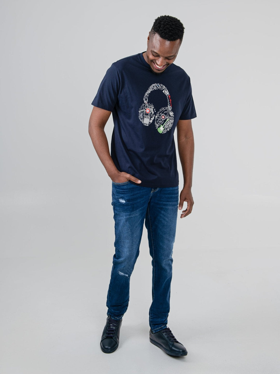 Ben Sherman Typography Headphones T-Shirt in Navy - full-length front view on male model