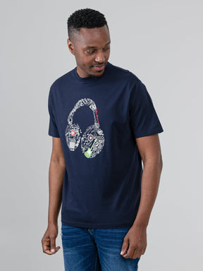 Ben Sherman Typography Headphones T-Shirt in Navy - front view on male model
