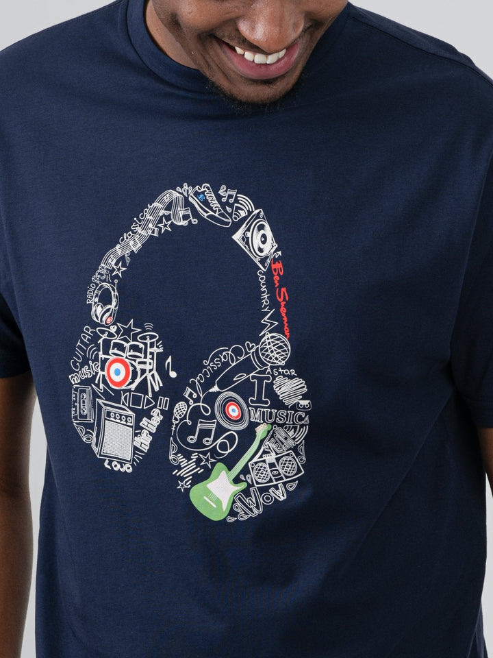 Ben Sherman Typography Headphones T-Shirt in Navy - close-up of music-inspired headphone graphic print