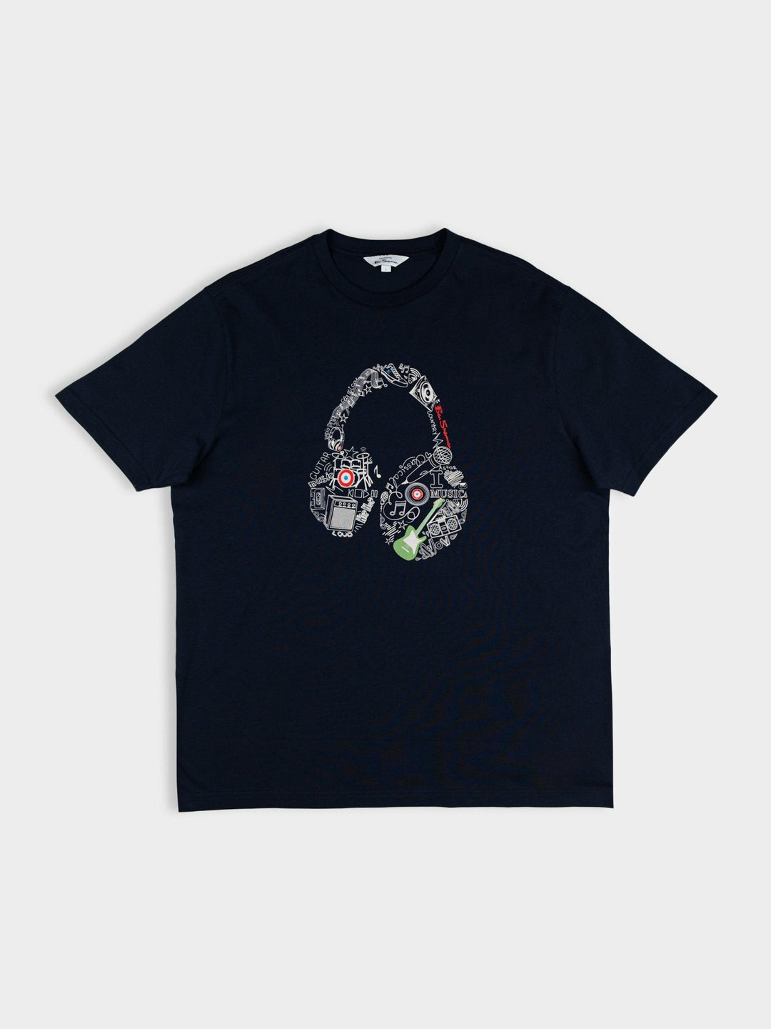 Ben Sherman Typography Headphones T-Shirt in Navy - flat lay showing headphone graphic print design