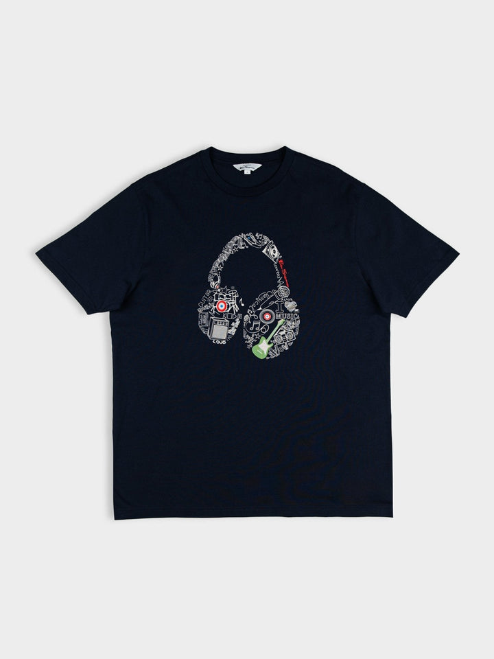 Ben Sherman Typography Headphones T-Shirt in Navy - flat lay showing headphone graphic print design