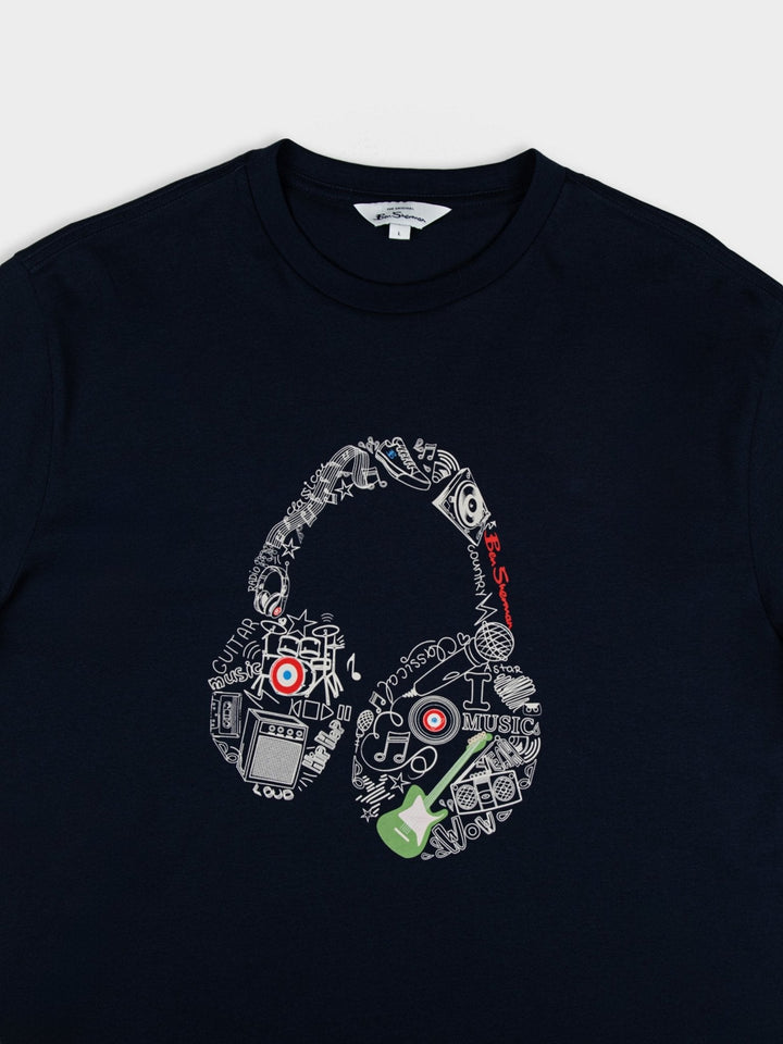 Ben Sherman Typography Headphones T-Shirt in Navy - close-up flat lay of bold typography headphone graphic