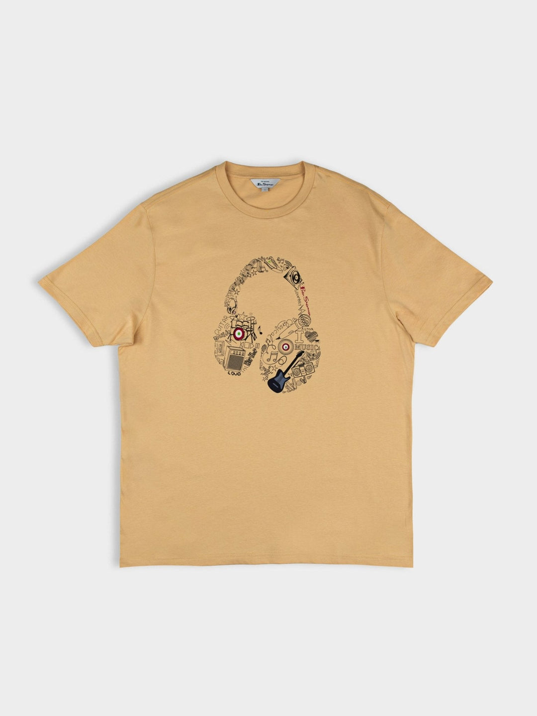 aBen Sherman Typography Headphones Tee New Wheat - flat lay product shot showing wheat cotton T-shirt with bold headphone typography graphic