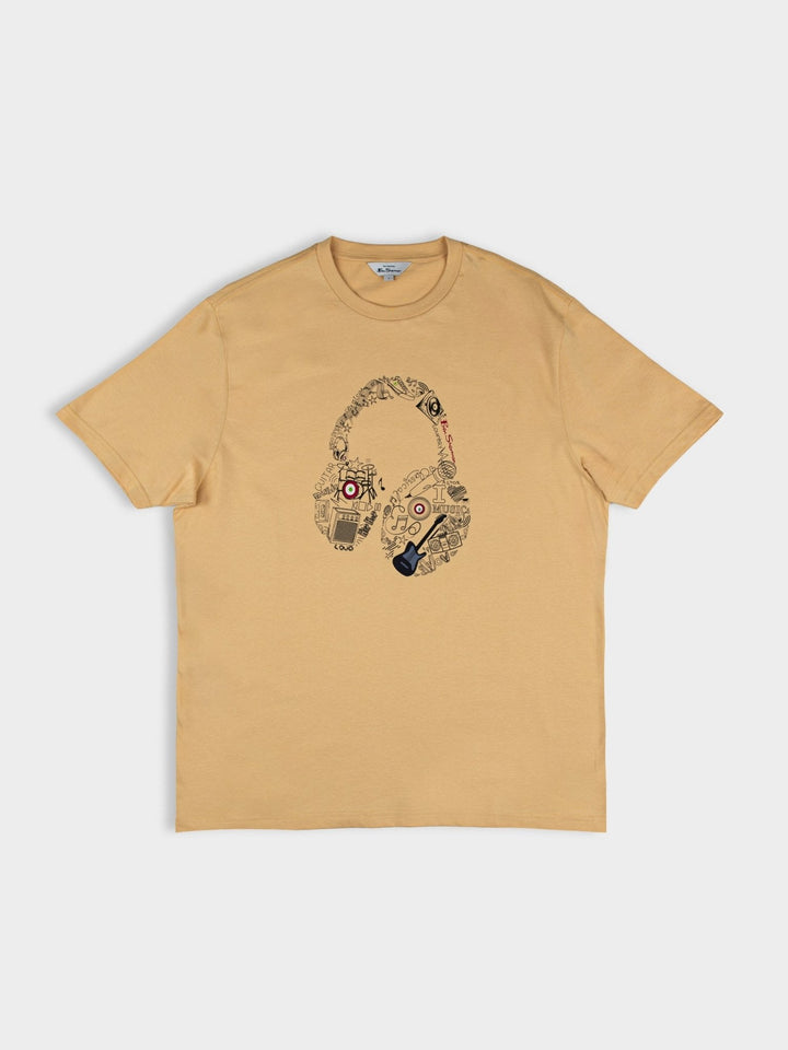 aBen Sherman Typography Headphones Tee New Wheat - flat lay product shot showing wheat cotton T-shirt with bold headphone typography graphic
