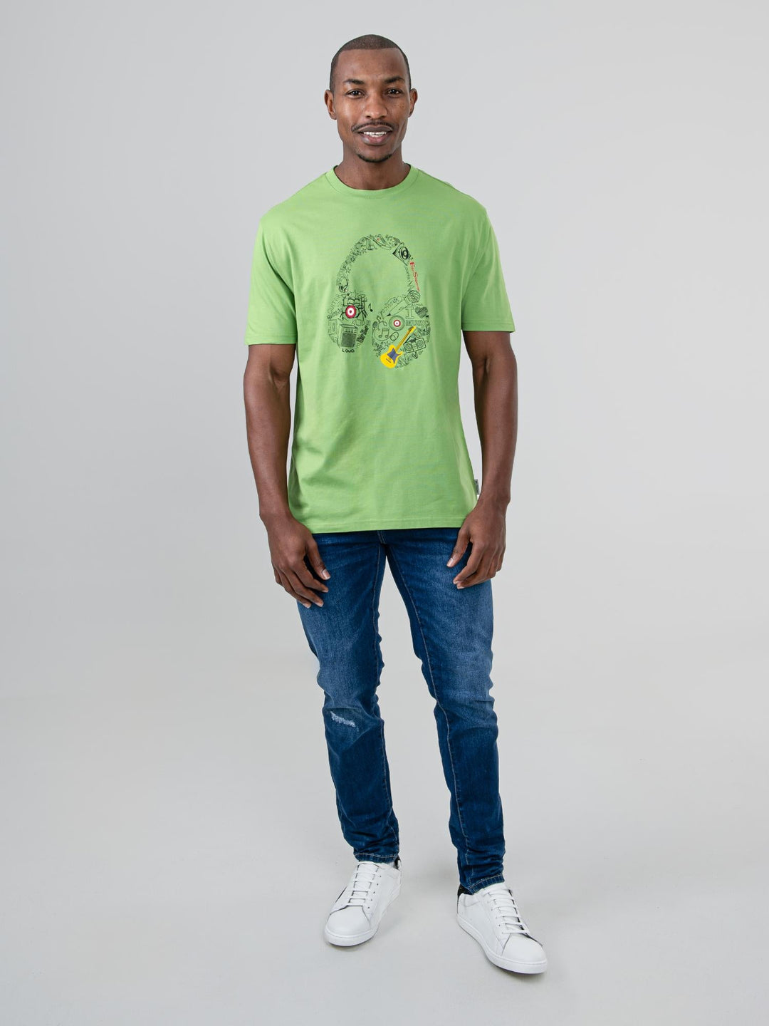 Ben Sherman Typography Headphones T-Shirt in Piquant Green – full-length front view, men&