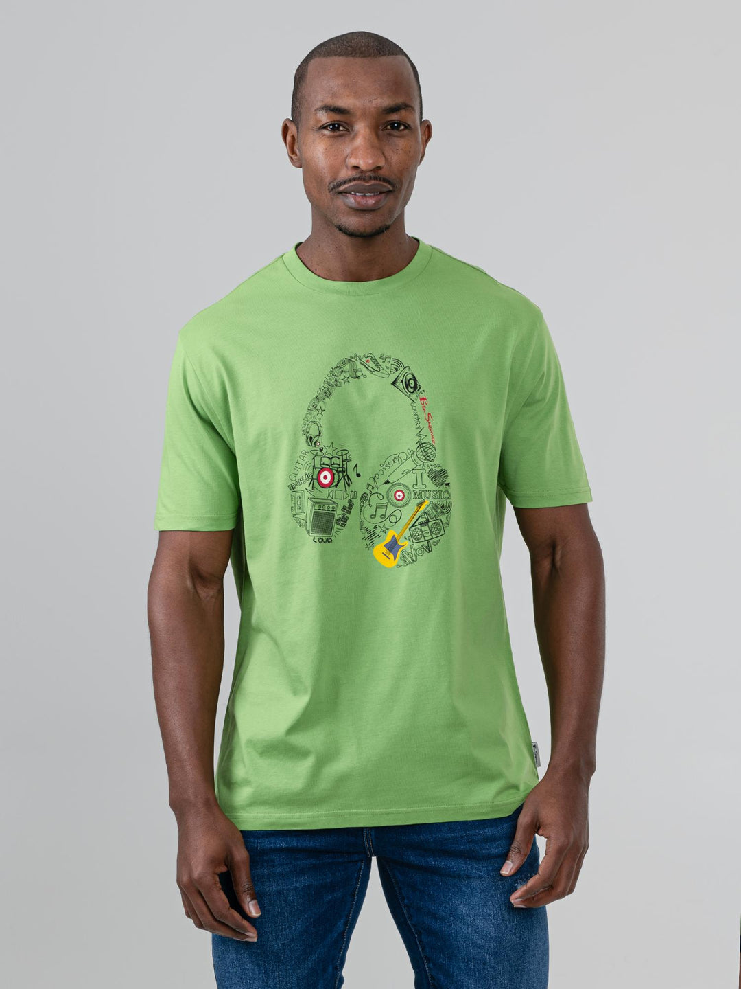 Ben Sherman Typography Headphones T-Shirt in Piquant Green – men's graphic tee with music-inspired print, front view
