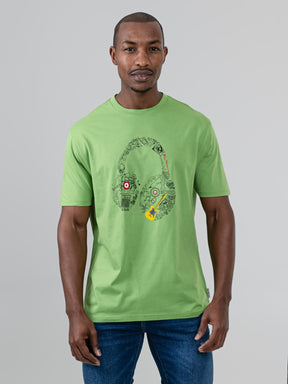 Ben Sherman Typography Headphones T-Shirt in Piquant Green – men's graphic tee with music-inspired print, front view