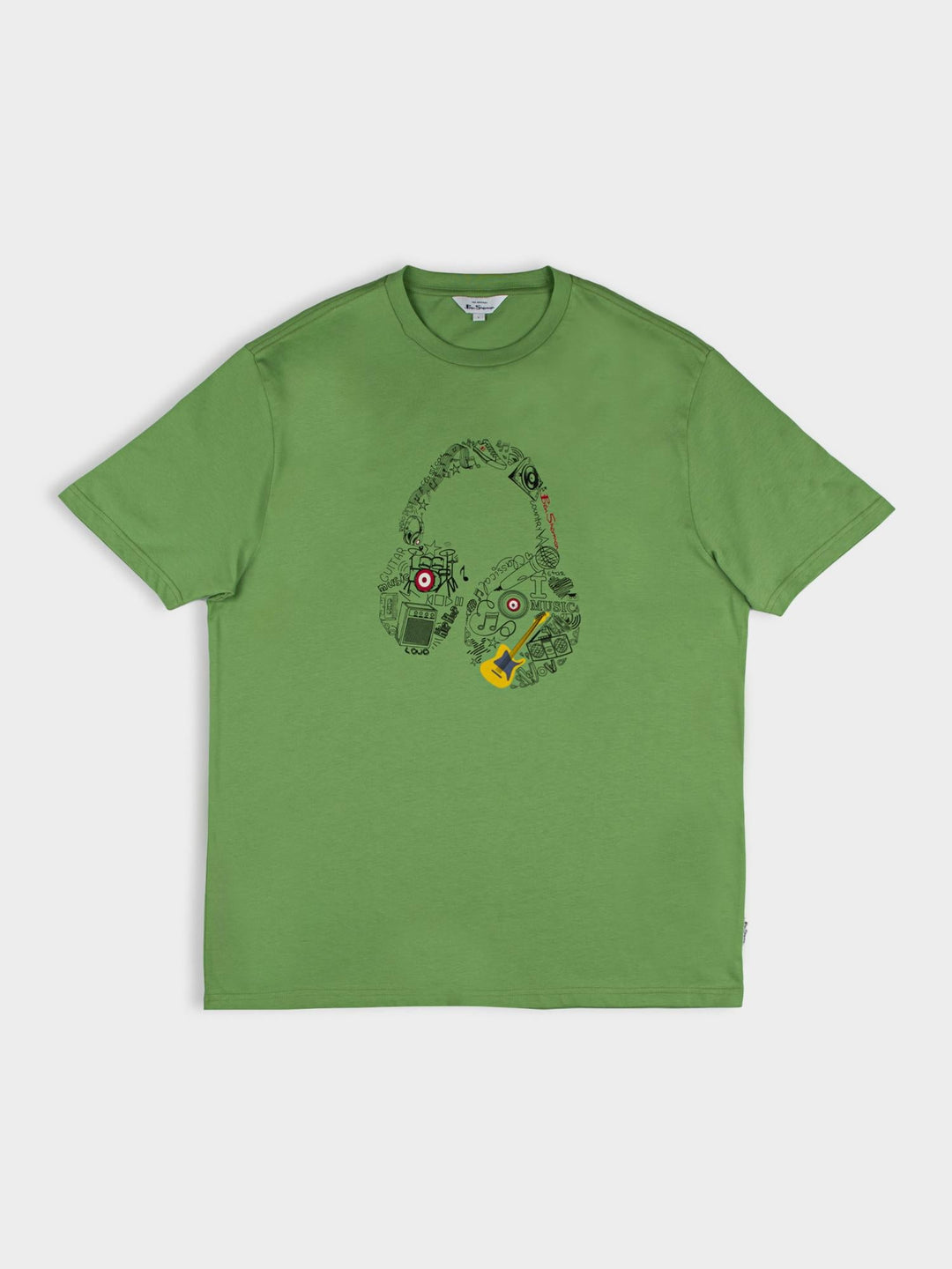 Ben Sherman Typography Headphones T-Shirt in Piquant Green – flat lay product shot showing headphone graphic detail