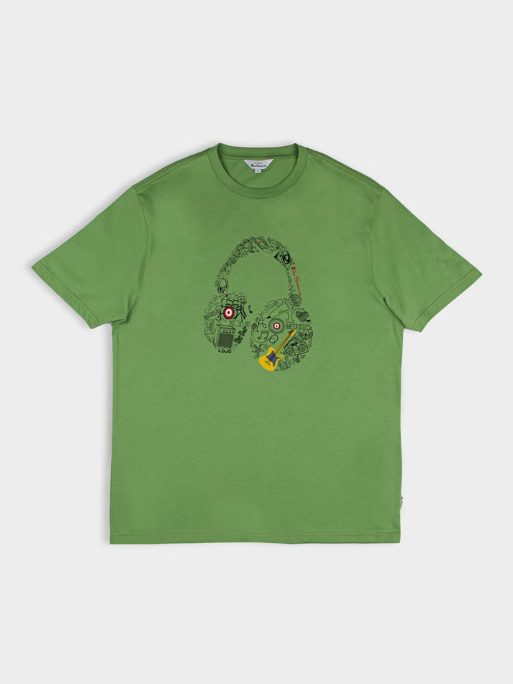 Ben Sherman Typography Headphones T-Shirt in Piquant Green – flat lay product shot showing headphone graphic detail