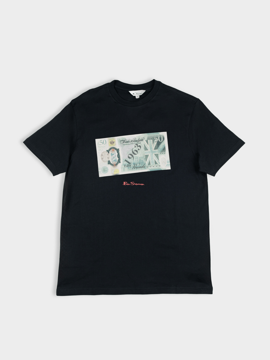 Ben Sherman Pound Sterling Crew T-Shirt Black - flat lay showing British £5 note graphic with Union Jack accents on soft black cotton