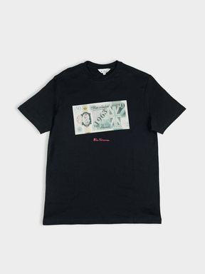 Ben Sherman Pound Sterling Crew T-Shirt Black - flat lay showing British £5 note graphic with Union Jack accents on soft black cotton