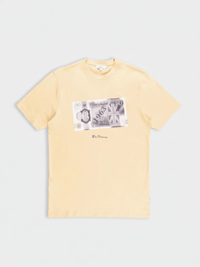 Ben Sherman Pound Sterling Crew T-Shirt in New Wheat - flat lay showing £5 note graphic with Union Jack accents on soft wheat cotton