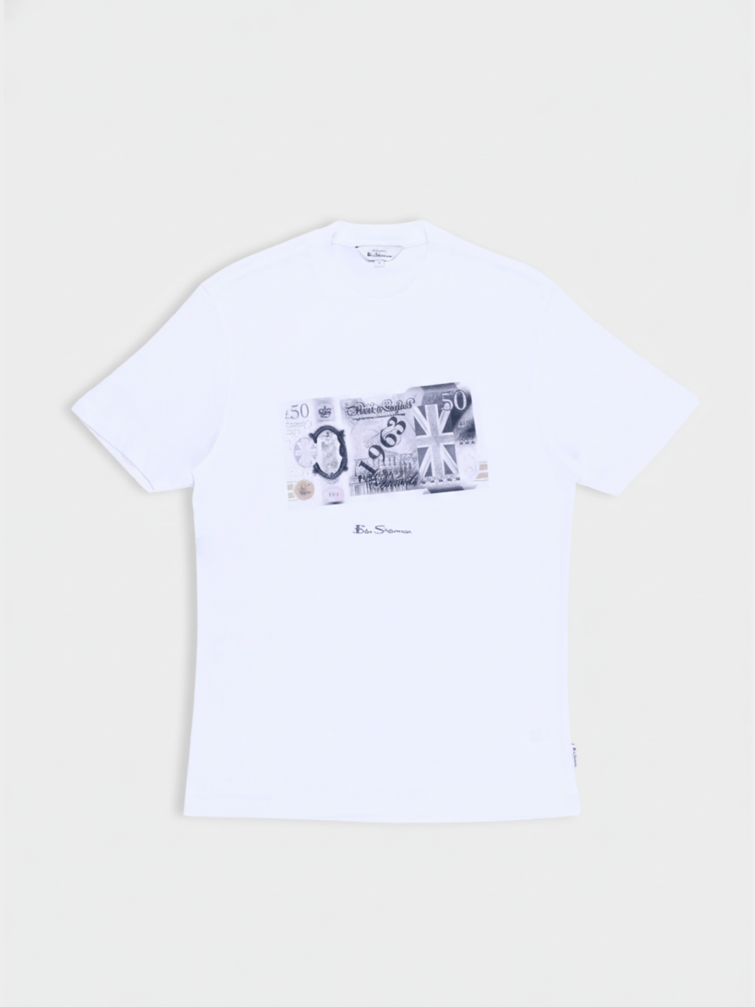 Ben Sherman Pound Sterling Crew T-Shirt White - flat lay showing British £5 note graphic with Union Jack accents on soft white cotton