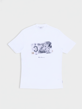 Ben Sherman Pound Sterling Crew T-Shirt White - flat lay showing British £5 note graphic with Union Jack accents on soft white cotton