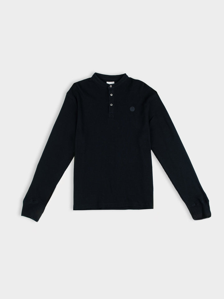 Henley Long Sleeve Waffle Knit - Black