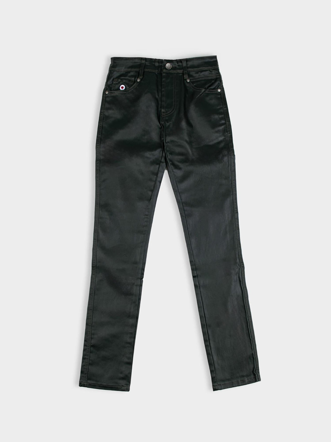 Ben Sherman Wax Coated Sheen Slim Fit Denim in Olive - front view flat lay showing wax-sheen finish with slim fit silhouette and branded button detail