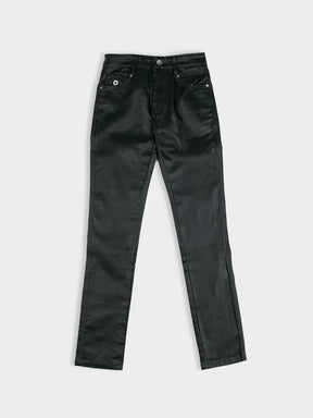 Ben Sherman Wax Coated Sheen Slim Fit Denim in Olive - front view flat lay showing wax-sheen finish with slim fit silhouette and branded button detail