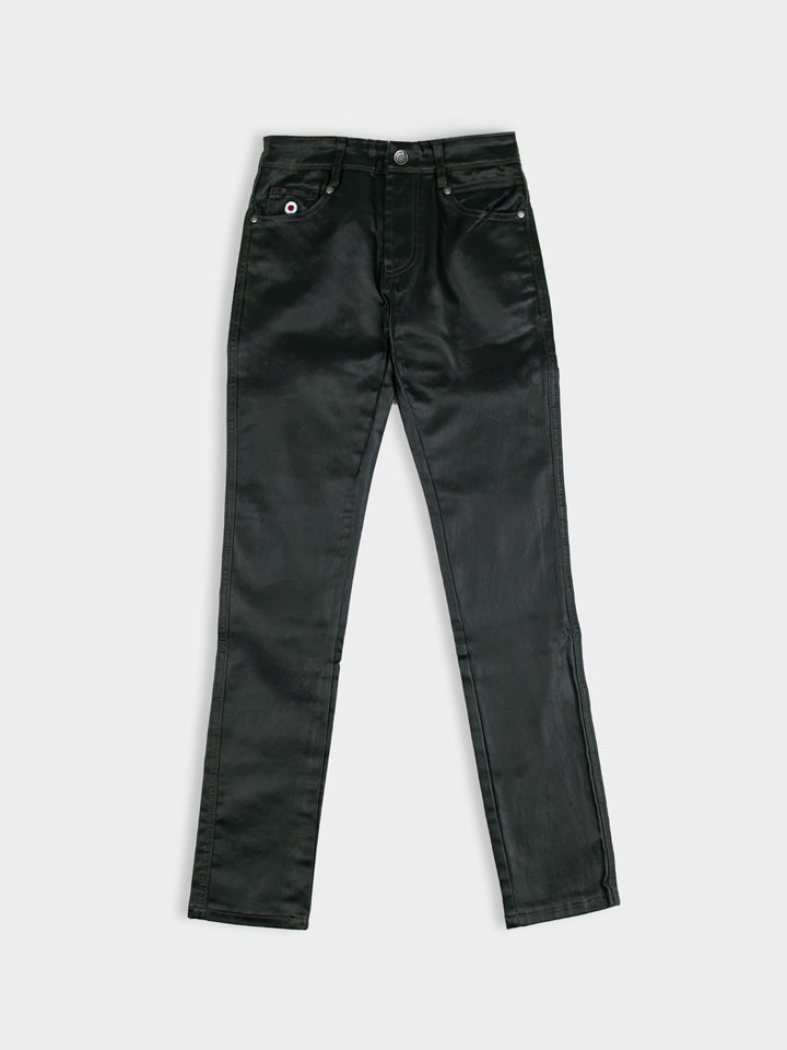 Ben Sherman Wax Coated Sheen Slim Fit Denim in Olive - front view flat lay showing wax-sheen finish with slim fit silhouette and branded button detail