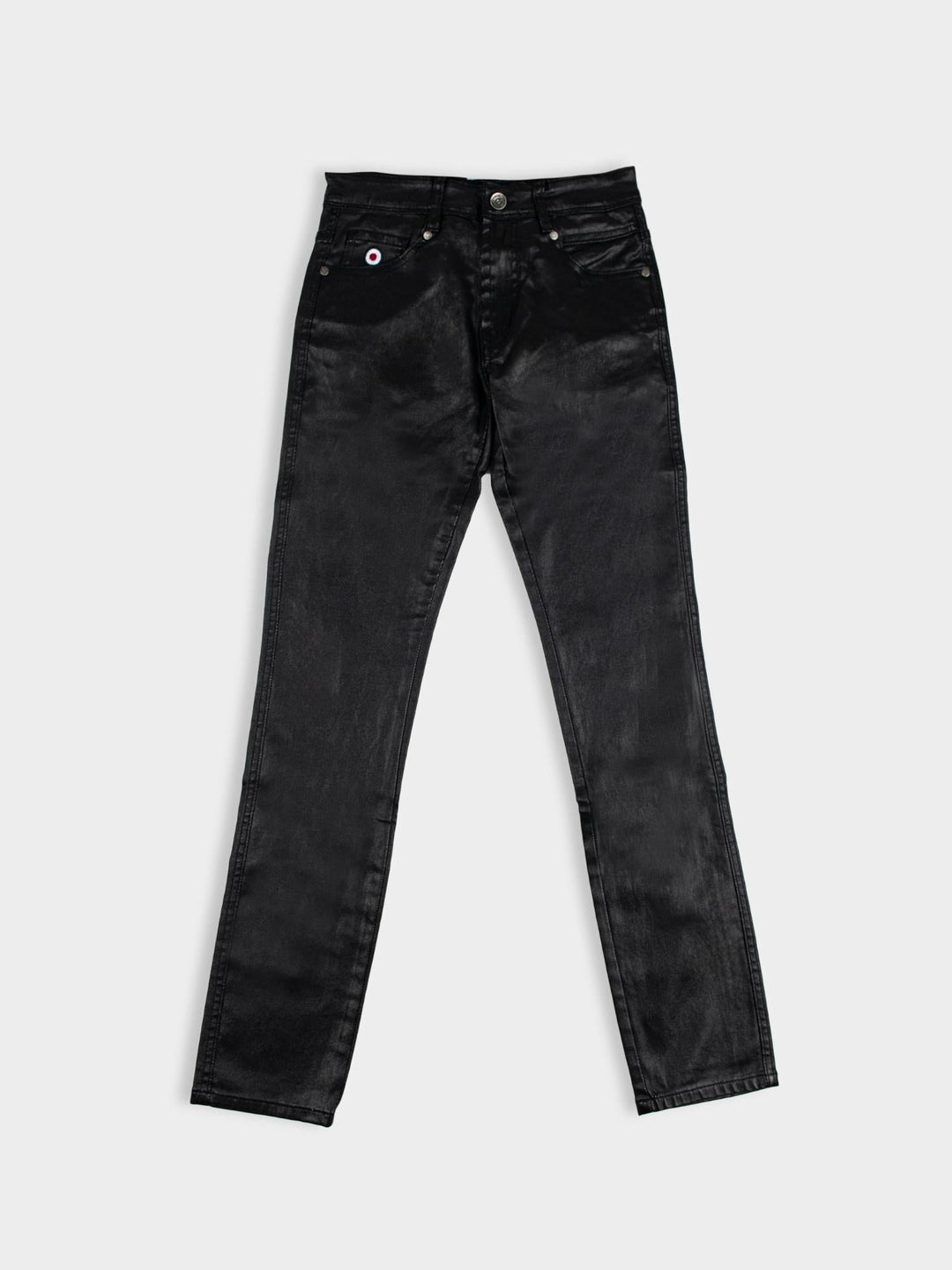 Ben Sherman Wax Coated Sheen Slim Fit Denim in Black - front view flat lay showing wax-sheen finish with slim fit silhouette and branded button detail