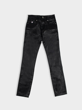 Ben Sherman Wax Coated Sheen Slim Fit Denim in Black - front view flat lay showing wax-sheen finish with slim fit silhouette and branded button detail