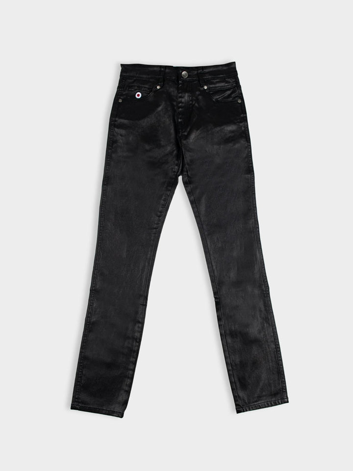 Ben Sherman Wax Coated Sheen Slim Fit Denim in Black - front view flat lay showing wax-sheen finish with slim fit silhouette and branded button detail