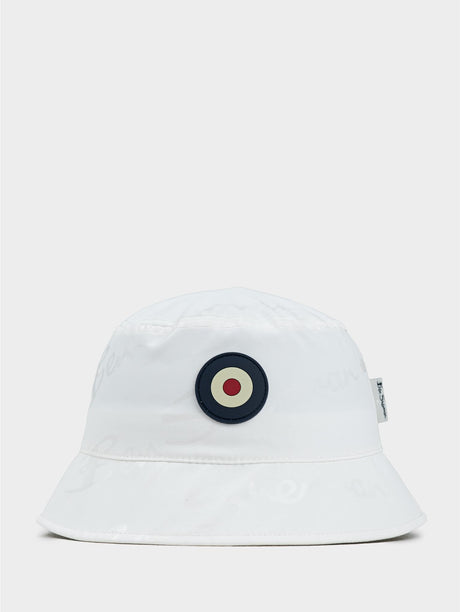 Ben Sherman reversible cotton bucket hat in White – front view showing embroidered target logo on crown