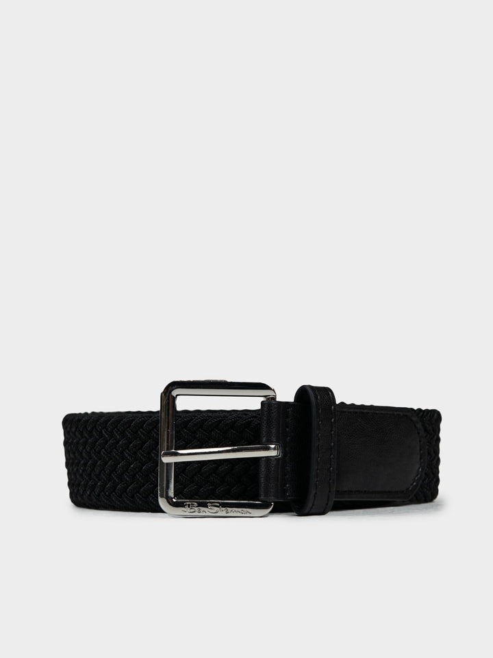 Ben Sherman Weave Belt in Black - black braided woven belt with polished silver buckle and black leather strap