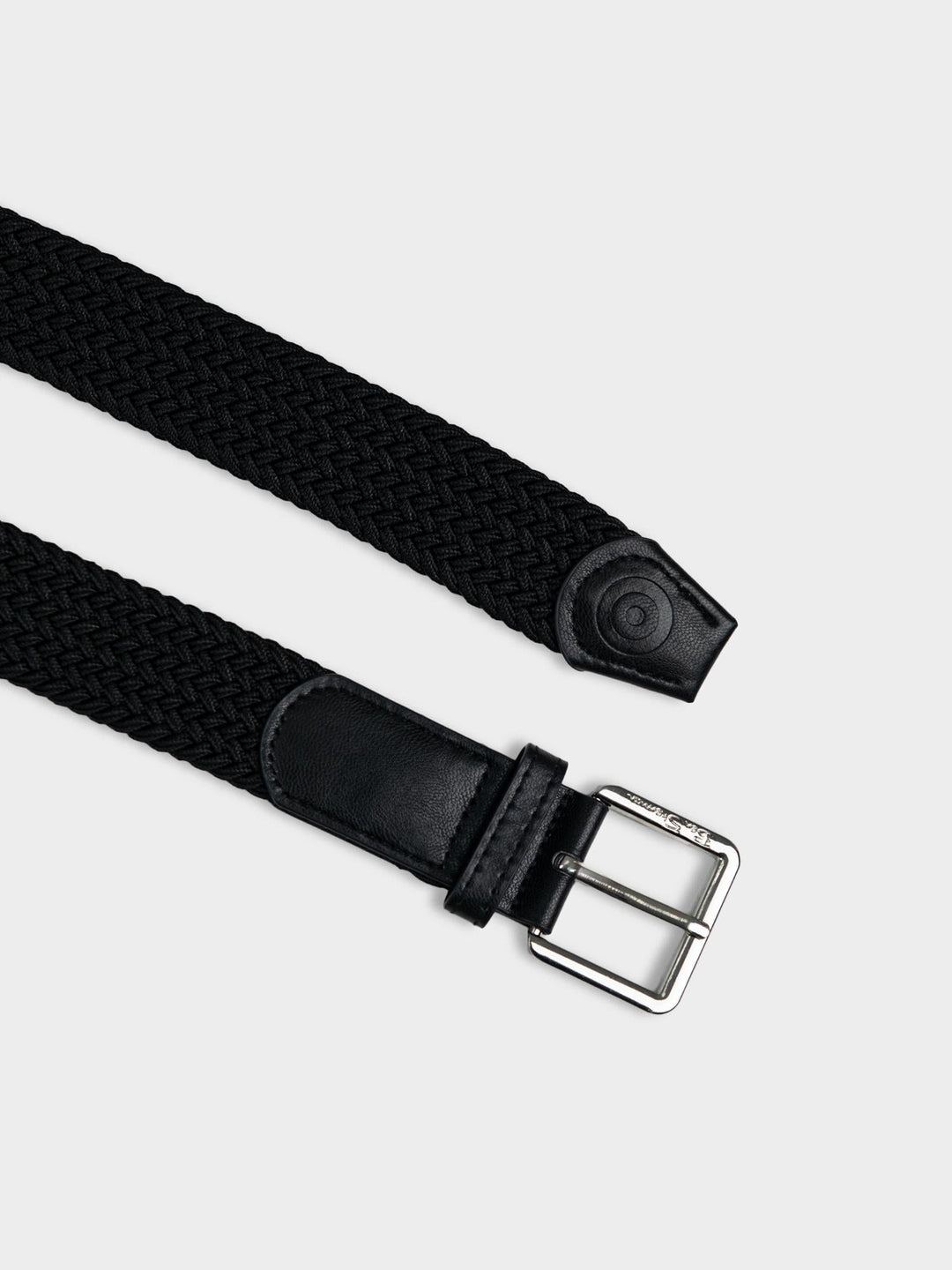 Ben Sherman Weave Belt Black - close-up of black woven pattern with black leather strap and silver buckle detail