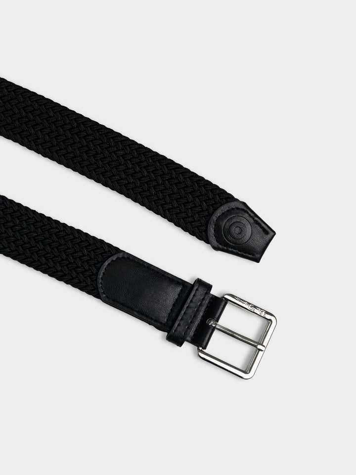 Ben Sherman Weave Belt Black - close-up of black woven pattern with black leather strap and silver buckle detail