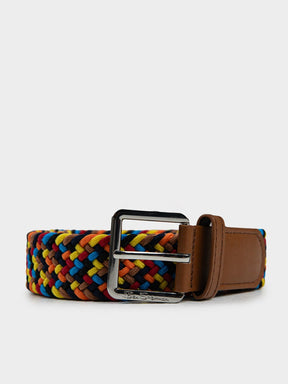 Ben Sherman Weave Belt in Multi - multicoloured braided woven belt with polished metal buckle and tan leather strap