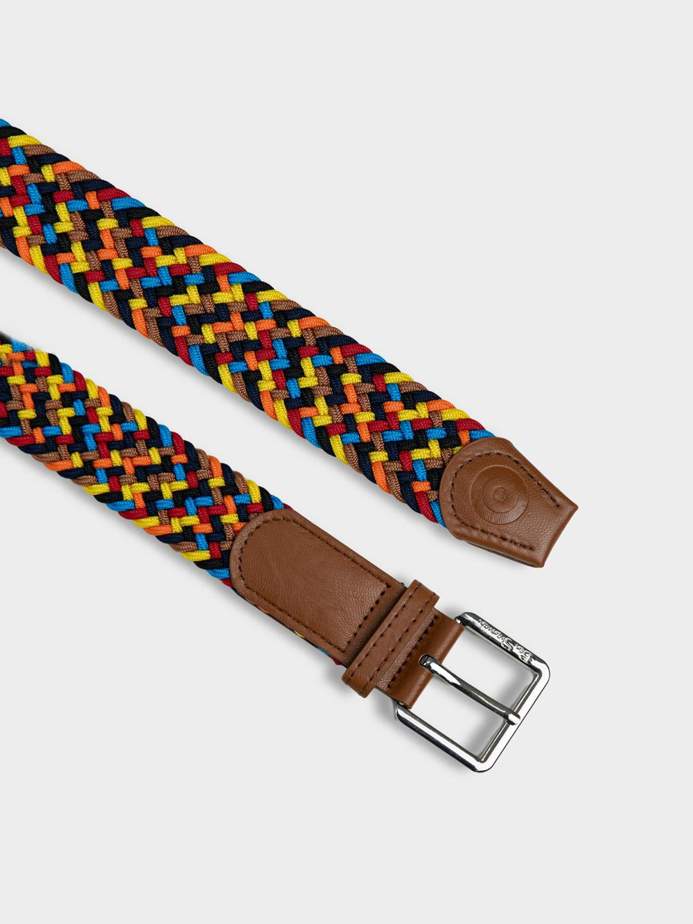 Ben Sherman Weave Belt Multi - close-up of multicoloured woven pattern with tan leather strap and silver buckle detail