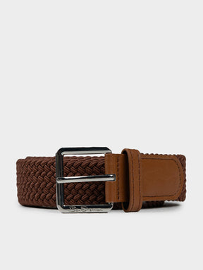 Ben Sherman Weave Belt in Tan - tan braided woven belt with polished silver buckle and tan leather strap