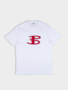 Ben Sherman B Bling Tee in White - front view showing bold oversized rhinestone B logo graphic on relaxed fit white cotton crew neck t-shirt